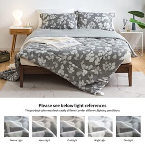 KACEMOO Bed Set Queen Size Comforter Set - 3pc, Grey Leaves Print Neutral Comforters, Hypoallergenic Down Alternative Reversible Comforter, Bed-in-a-Bag Soft Double Microfiber Inner Fill Duvet Sets