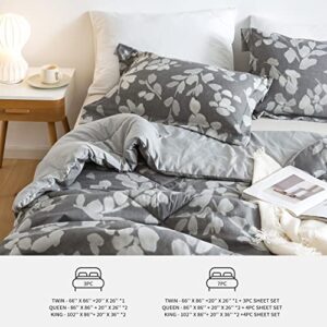 KACEMOO Bed Set Queen Size Comforter Set - 3pc, Grey Leaves Print Neutral Comforters, Hypoallergenic Down Alternative Reversible Comforter, Bed-in-a-Bag Soft Double Microfiber Inner Fill Duvet Sets