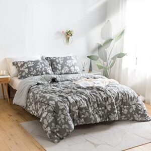 KACEMOO Bed Set Queen Size Comforter Set - 3pc, Grey Leaves Print Neutral Comforters, Hypoallergenic Down Alternative Reversible Comforter, Bed-in-a-Bag Soft Double Microfiber Inner Fill Duvet Sets