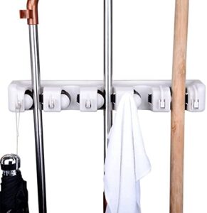 joey'z mop and broom holder hanging wall mounted rack organizer, 5 slots and 6 hooks