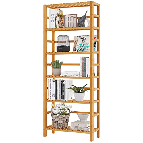 VIAGDO Bamboo Bathroom Shelf, 6-Tier Adjustable Tall Bookshelf, Multifunctional Storage Rack Freestanding Shelving Unit for Bathroom, Living Room, Bedroom, Kitchen, Laundry Room