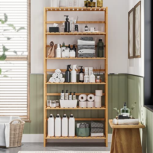 VIAGDO Bamboo Bathroom Shelf, 6-Tier Adjustable Tall Bookshelf, Multifunctional Storage Rack Freestanding Shelving Unit for Bathroom, Living Room, Bedroom, Kitchen, Laundry Room