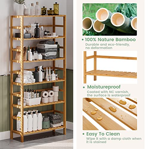 VIAGDO Bamboo Bathroom Shelf, 6-Tier Adjustable Tall Bookshelf, Multifunctional Storage Rack Freestanding Shelving Unit for Bathroom, Living Room, Bedroom, Kitchen, Laundry Room