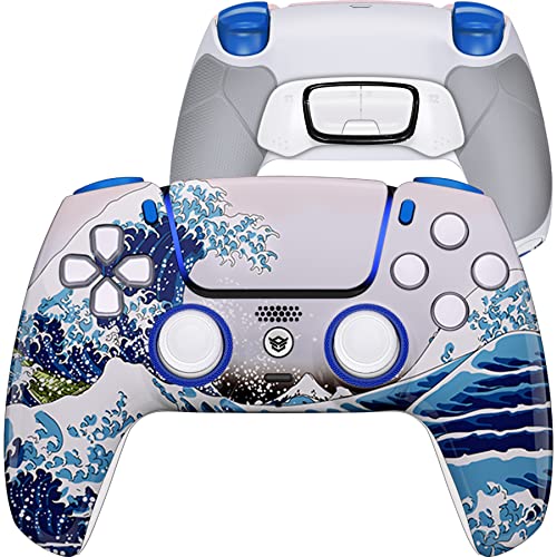 HEXGAMING ULTIMATE Customized Controller Compatible with ps5 Elite Controller with 4 paddles & Interchangeable Thumbsticks & Hair Trigger Black Rubberized Grip Wireless Gaming Gampad - White Wave Red