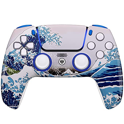 HEXGAMING ULTIMATE Customized Controller Compatible with ps5 Elite Controller with 4 paddles & Interchangeable Thumbsticks & Hair Trigger Black Rubberized Grip Wireless Gaming Gampad - White Wave Red