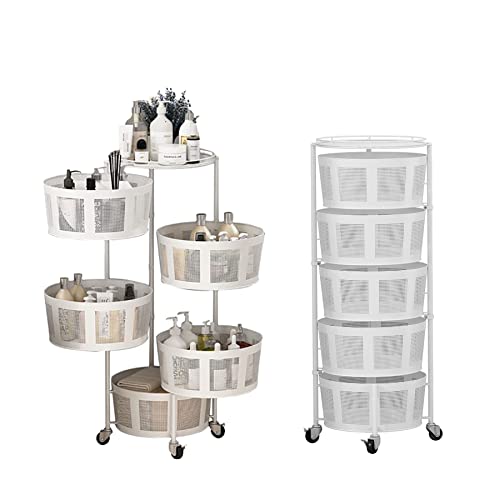 Rotating Kitchen Storage Rack 5 Tier Round Metal Baskets on Wheels Floor-Standing Fruit and Vegetable Storage Basket Household Storage Rack for Bathroom Kitchen Living Room, White