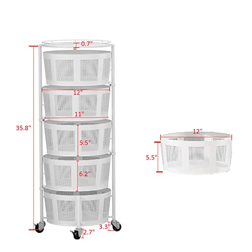 Rotating Kitchen Storage Rack 5 Tier Round Metal Baskets on Wheels Floor-Standing Fruit and Vegetable Storage Basket Household Storage Rack for Bathroom Kitchen Living Room, White