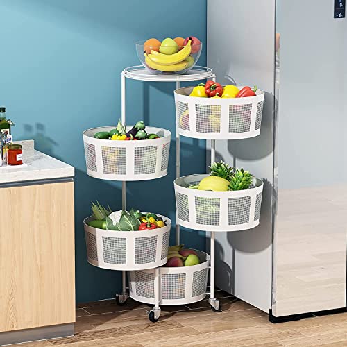 Rotating Kitchen Storage Rack 5 Tier Round Metal Baskets on Wheels Floor-Standing Fruit and Vegetable Storage Basket Household Storage Rack for Bathroom Kitchen Living Room, White