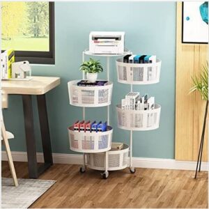 Rotating Kitchen Storage Rack 5 Tier Round Metal Baskets on Wheels Floor-Standing Fruit and Vegetable Storage Basket Household Storage Rack for Bathroom Kitchen Living Room, White