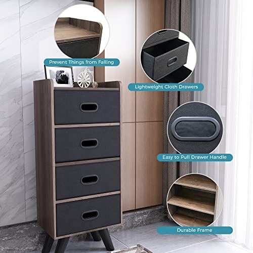 Lamerge 4 Drawers Organizer Cabinet , with Removable Fabric Drawers,Storage Tower ,Organizer Cabinet with Wood Frame,Ideal for Bedroom, Closet, Entryway, Hallway, Dark Brown and Grey, (SD4-01)