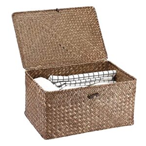 hipiwe wicker shelf baskets bin with lid, handwoven seagrass basket storage bins rectangular household basket boxes for shelf wardrobe home organizer, coffee large