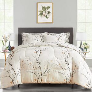 uozzi bedding cream white bed in a bag twin 6 pc branch style all season soft microfiber reversible bed comforter set (1 comforter 2 pillow shams 1 flat sheet 1 fitted sheet 1 pillowcases)