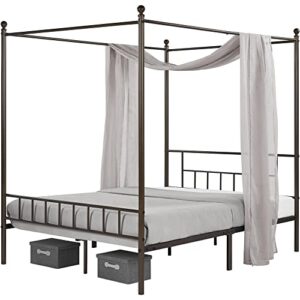 Topeakmart Bronze Four-Poster Canopy Metal Bed Frame with Headboard and Footboard Sturdy Slatted Structure No Box Spring Needed Queen Size