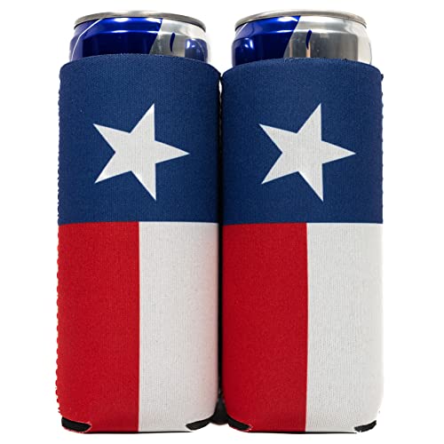 QualityPerfection Slim Can Coolers Sleeves (2 Pack) Insulated, Beer/Energy Drink Premium Neoprene 4mm Thickness Thermocoolers for 12 oz Skinny Beverage Can Covers (Texas Flag)