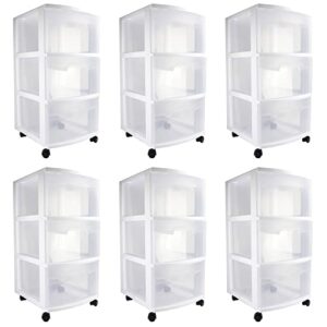 sterilite 28308002 home stackable 3 drawer wide plastic storage organizer container with drawers and rolling wheels, white (set of 6)