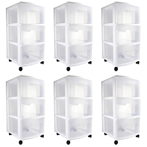 Sterilite 28308002 Home Stackable 3 Drawer Wide Plastic Storage Organizer Container with Drawers and Rolling Wheels, White (Set of 6)