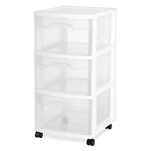 Sterilite 28308002 Home Stackable 3 Drawer Wide Plastic Storage Organizer Container with Drawers and Rolling Wheels, White (Set of 6)