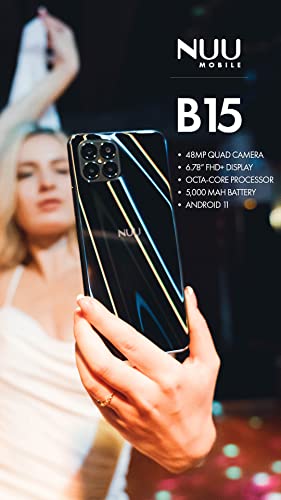 NUU B15 | 3-Day Battery | 48 MP | Quad-Camera | Unlocked (T-Mobile Only) | 6.78'' Full HD+ Display | 128GB | 90Hz | 18W Fast Charge | 5000 mAh | Fingerprint | Android 11 | Black