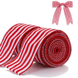 2 rolls christmas wired ribbon for gift wrapping, red and white striped ribbons for crafts/christmas tree/wreaths/bow decorations, 2.5" wide x 6 yards