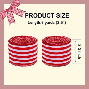 2 Rolls Christmas Wired Ribbon for Gift Wrapping, Red and White Striped Ribbons for Crafts/Christmas Tree/Wreaths/Bow Decorations, 2.5" Wide x 6 Yards