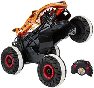 hot wheels rc monster trucks unstoppable tiger shark in 1:15 scale, remote-control toy truck with terrain action tires