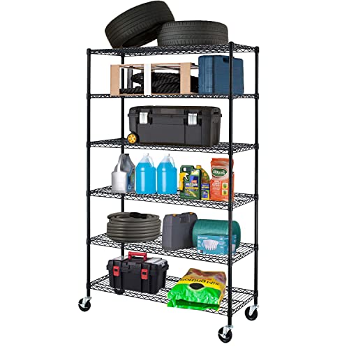 PayLessHere Commercial Grade 6 Tier Adjustable Storage Shelf Heavy Duty Metal Shelf NSF Certified Wire Shelving Unit with Wheels 6000LBS Capacity 18" D x 48" W x 72" H,Black