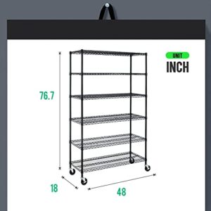 PayLessHere Commercial Grade 6 Tier Adjustable Storage Shelf Heavy Duty Metal Shelf NSF Certified Wire Shelving Unit with Wheels 6000LBS Capacity 18" D x 48" W x 72" H,Black