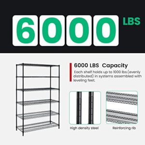 PayLessHere Commercial Grade 6 Tier Adjustable Storage Shelf Heavy Duty Metal Shelf NSF Certified Wire Shelving Unit with Wheels 6000LBS Capacity 18" D x 48" W x 72" H,Black