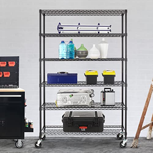 PayLessHere Commercial Grade 6 Tier Adjustable Storage Shelf Heavy Duty Metal Shelf NSF Certified Wire Shelving Unit with Wheels 6000LBS Capacity 18" D x 48" W x 72" H,Black