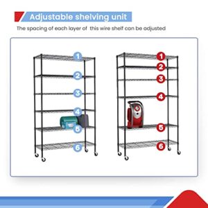 6 Tier Adjustable Metal Shelf Wire Shelving Unit Storage with Wheels 2100LBS Capacity 18" D x 48" W x 82" H for Restaurant Garage Pantry Kitchen Garage Rack,Black