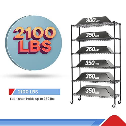 6 Tier Adjustable Metal Shelf Wire Shelving Unit Storage with Wheels 2100LBS Capacity 18" D x 48" W x 82" H for Restaurant Garage Pantry Kitchen Garage Rack,Black