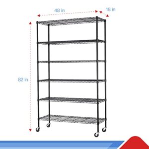 6 Tier Adjustable Metal Shelf Wire Shelving Unit Storage with Wheels 2100LBS Capacity 18" D x 48" W x 82" H for Restaurant Garage Pantry Kitchen Garage Rack,Black