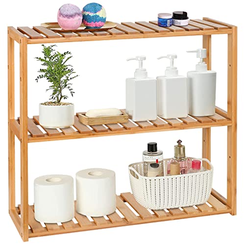 PayLessHere Bamboo Bathroom Shelves, 3-Tier Adjustable Layer Rack, Bathroom Towel Shelf, Utility Storage Shelf Rack, Wall Mounted Organizer Shelf, for Bathroom Kitchen Living Room Holder Natural