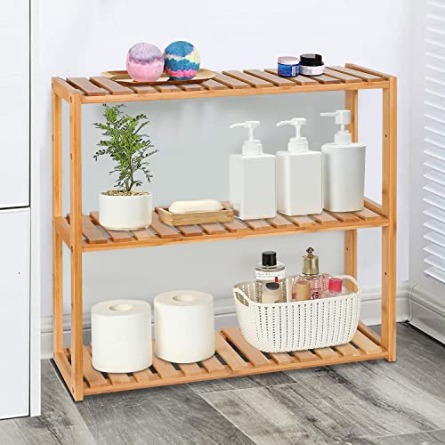 PayLessHere Bamboo Bathroom Shelves, 3-Tier Adjustable Layer Rack, Bathroom Towel Shelf, Utility Storage Shelf Rack, Wall Mounted Organizer Shelf, for Bathroom Kitchen Living Room Holder Natural