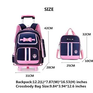 ZHANAO Rolling Trolley Bag Wheeled Backpack Bowknot for Girls Primary Schoolbag 3Pcs with Crossbody Bag Pencil Case