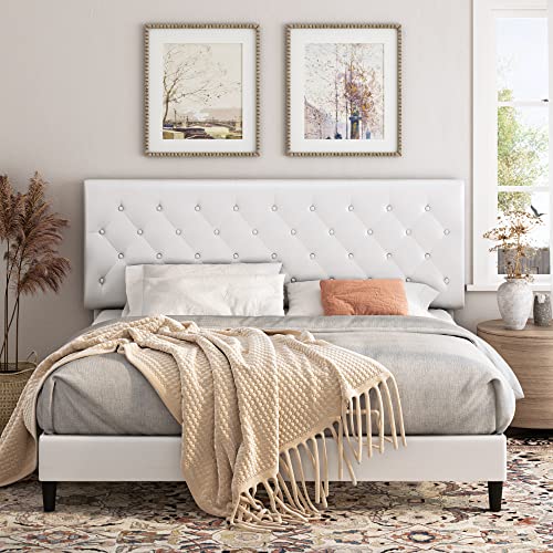 Keyluv Upholstered Platform Bed Frame with Button Tufted Headboard, Faux Leather, Wooden Slats Support, No Box Spring Needed, Easy Assembly, King Size, White