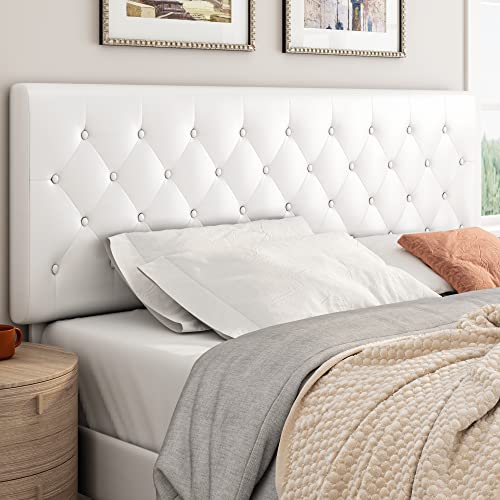 Keyluv Upholstered Platform Bed Frame with Button Tufted Headboard, Faux Leather, Wooden Slats Support, No Box Spring Needed, Easy Assembly, King Size, White