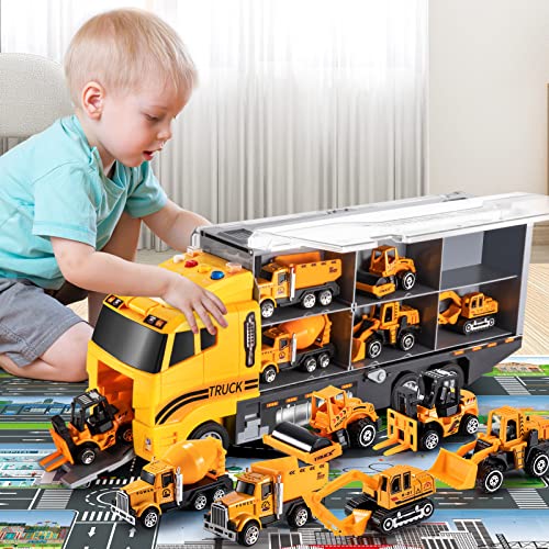 Toddler Toys for 3-9 Years Old Boys Construction Toys Car Double Side Transport Vehicle W/Play Mat, Die-cast Alloy Engineering Vehicle Gifts for Age 3 4 5 6 Kids Child Boys Girls Birthday Party Favor