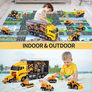 Toddler Toys for 3-9 Years Old Boys Construction Toys Car Double Side Transport Vehicle W/Play Mat, Die-cast Alloy Engineering Vehicle Gifts for Age 3 4 5 6 Kids Child Boys Girls Birthday Party Favor