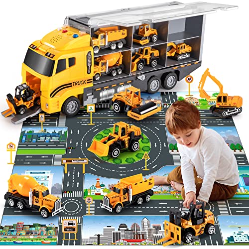 Toddler Toys for 3-9 Years Old Boys Construction Toys Car Double Side Transport Vehicle W/Play Mat, Die-cast Alloy Engineering Vehicle Gifts for Age 3 4 5 6 Kids Child Boys Girls Birthday Party Favor