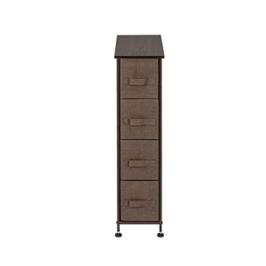 kcelarec narrow dresser tower with 4 drawers,vertical storage for bedroom, bathroom, laundry, closets, and more, steel frame, wood top, easy pull fabric bins (brown)