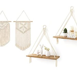 Mkono Macrame Wall Decor 4 Piece Set, 2 Pcs Macrame Wall Hanging Art Boho Wall Decor and 2 Pcs Hanging Shelves Wood Floating Storage Shelf for Bedroom Bathroom Living Room Nursery Dorm Room