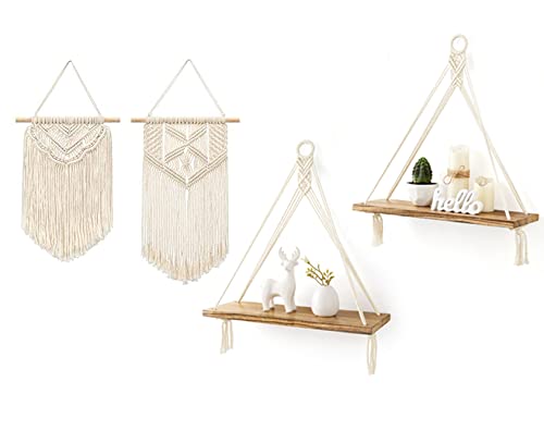 Mkono Macrame Wall Decor 4 Piece Set, 2 Pcs Macrame Wall Hanging Art Boho Wall Decor and 2 Pcs Hanging Shelves Wood Floating Storage Shelf for Bedroom Bathroom Living Room Nursery Dorm Room