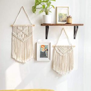 Mkono Macrame Wall Decor 4 Piece Set, 2 Pcs Macrame Wall Hanging Art Boho Wall Decor and 2 Pcs Hanging Shelves Wood Floating Storage Shelf for Bedroom Bathroom Living Room Nursery Dorm Room