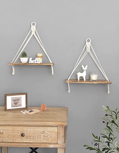 Mkono Macrame Wall Decor 4 Piece Set, 2 Pcs Macrame Wall Hanging Art Boho Wall Decor and 2 Pcs Hanging Shelves Wood Floating Storage Shelf for Bedroom Bathroom Living Room Nursery Dorm Room