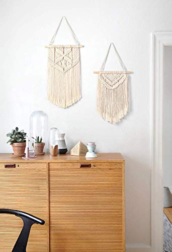 Mkono Macrame Wall Decor 4 Piece Set, 2 Pcs Macrame Wall Hanging Art Boho Wall Decor and 2 Pcs Hanging Shelves Wood Floating Storage Shelf for Bedroom Bathroom Living Room Nursery Dorm Room