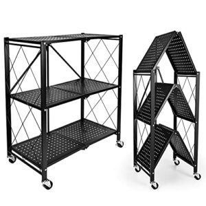 healsmart 3-tier foldable metal heavy duty storage shelving unit with wheels, organizer shelves for garage kitchen holds up to 750 lbs capacity, black