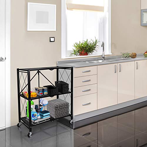 HealSmart 3-Tier Foldable Metal Heavy Duty Storage Shelving Unit with Wheels, Organizer Shelves for Garage Kitchen Holds up to 750 lbs Capacity, Black