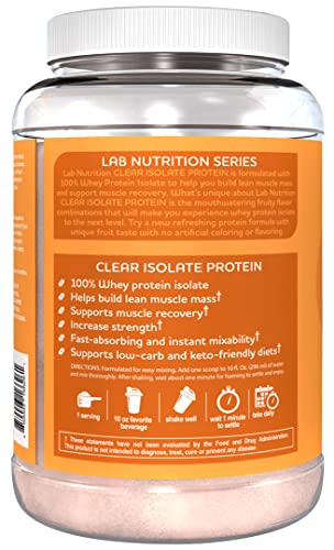 Lab Nutrition Advance Clear Isolate Protein, 100% Whey Protein Powder, Gluten Free, Zero Sugar, Keto Friendly, 25g Protein, 1.70 lb, Peach Mango Flavored - 25 Servings