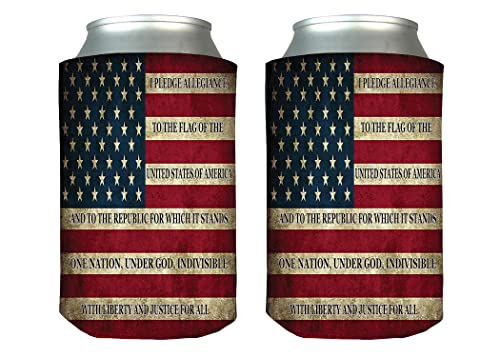 USA Flag Pledge Of Allegiance Collapsible Beer Can Bottle Beverage Cooler Sleeves 2 Pack Gift Set